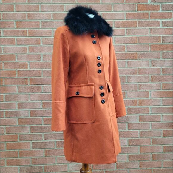 Henig Furs Rust Ochre Burnt Orange Wool Blend Foat with Genuine Fox Collar 4 6 - Picture 3 of 11